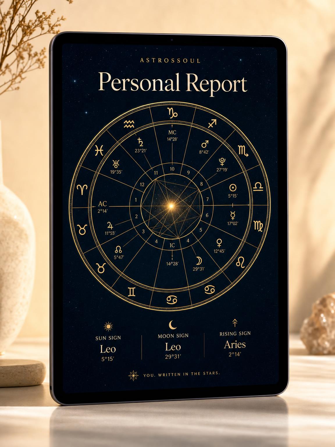 Personal Report — astrossoul natal chart reading on a tablet